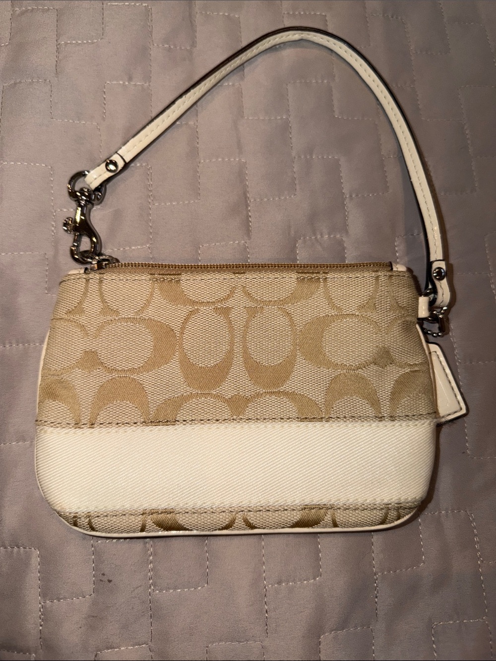 Coach Signature Stripe Small Wristlet in Beige Canvas with a White Stripe
